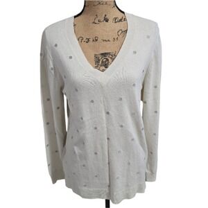 J. Crew Silver Polka Dot V-Neck Wool Blend Sweater Size Large‎